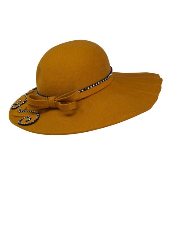 Mustard Wool Felt Wide Brim Hat Rhinestone Trim Bow‎ Bollman 1980s main image 6
